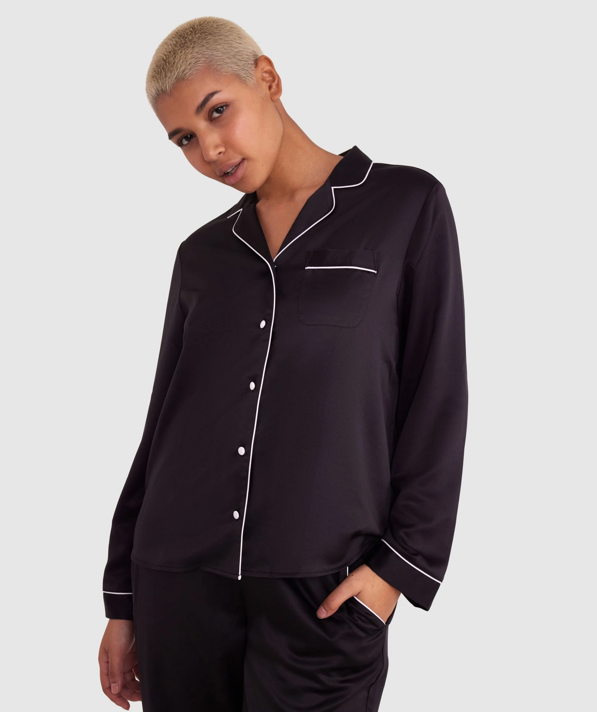 Liquid Satin Long Sleeve Shirt - Black 1 Liquid Satin Long Sleeve Shirt - Black