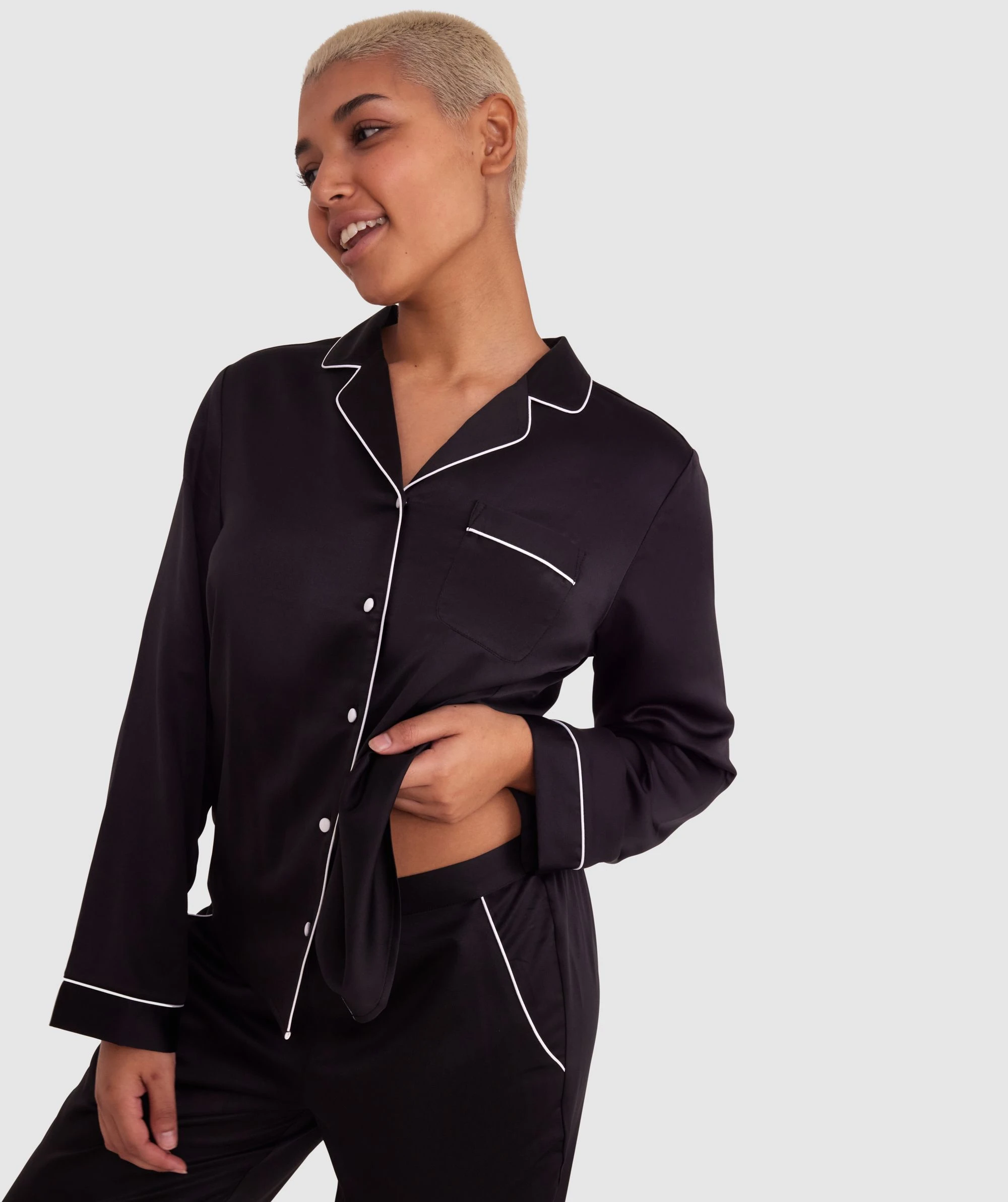 Liquid Satin Long Sleeve Shirt - Black 2 Liquid Satin Long Sleeve Shirt - Black - Image 2