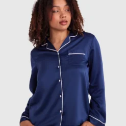 Liquid Satin Long Sleeve Top - Navy -brasnthings shop liquid satin long sleeve top navy 01344602 7