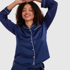 Liquid Satin Long Sleeve Top - Navy