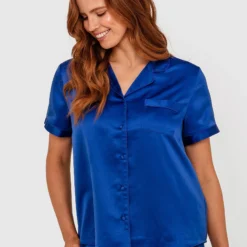 Liquid Satin Short Sleeve Shirt - Cobalt Blue