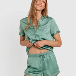Liquid Satin Short Sleeve Shirt - Green 8 Liquid Satin Short Sleeve Shirt - Green -brasnthings shop liquid satin short sleeve shirt green 01324507 3