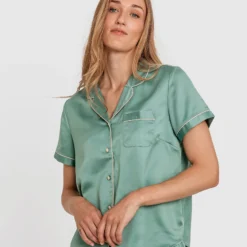 Liquid Satin Short Sleeve Shirt - Green