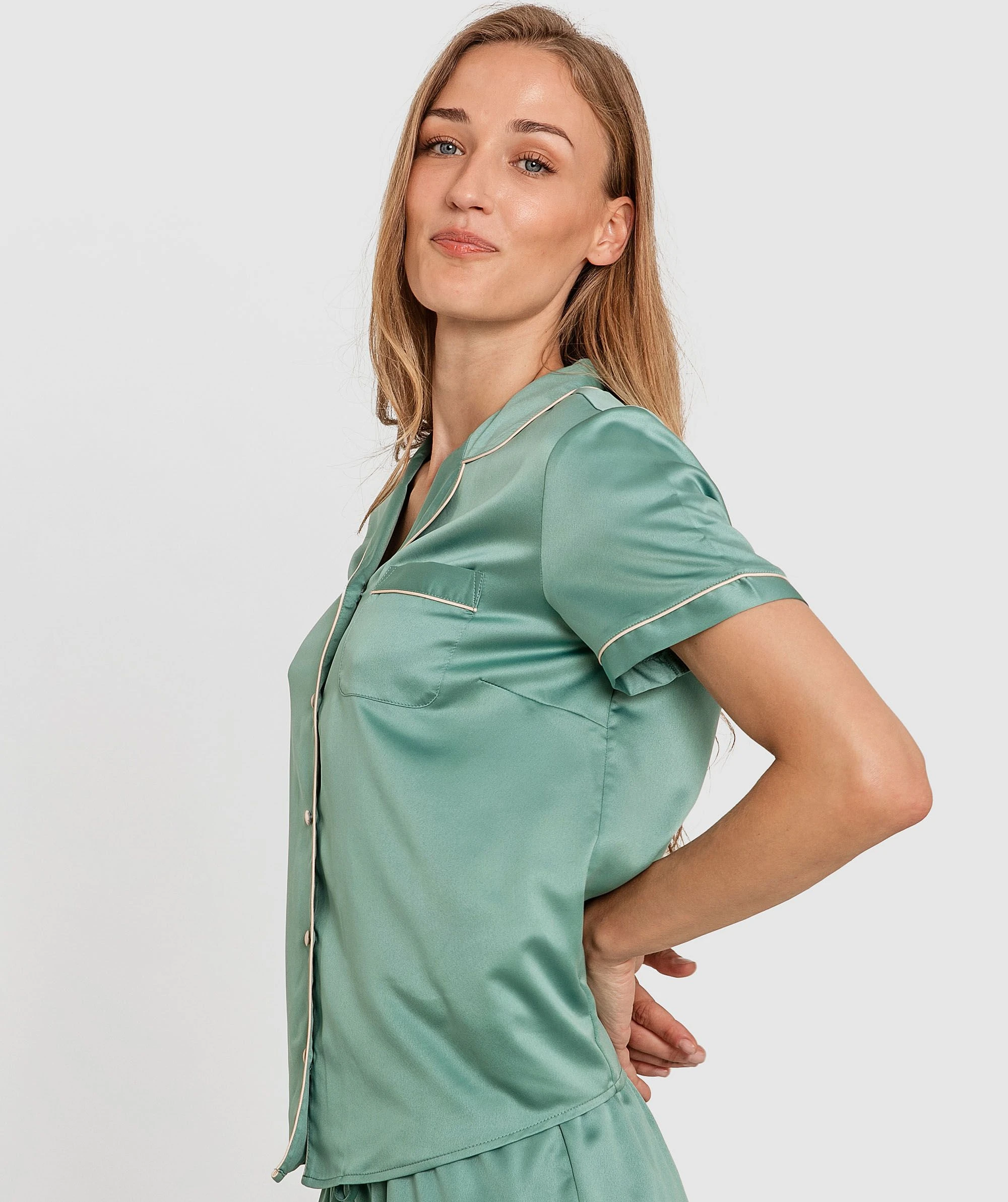Liquid Satin Short Sleeve Shirt - Green 2 Liquid Satin Short Sleeve Shirt - Green - Image 2