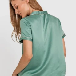 Liquid Satin Short Sleeve Shirt - Green 7 Liquid Satin Short Sleeve Shirt - Green -brasnthings shop liquid satin short sleeve shirt green 01324507 8
