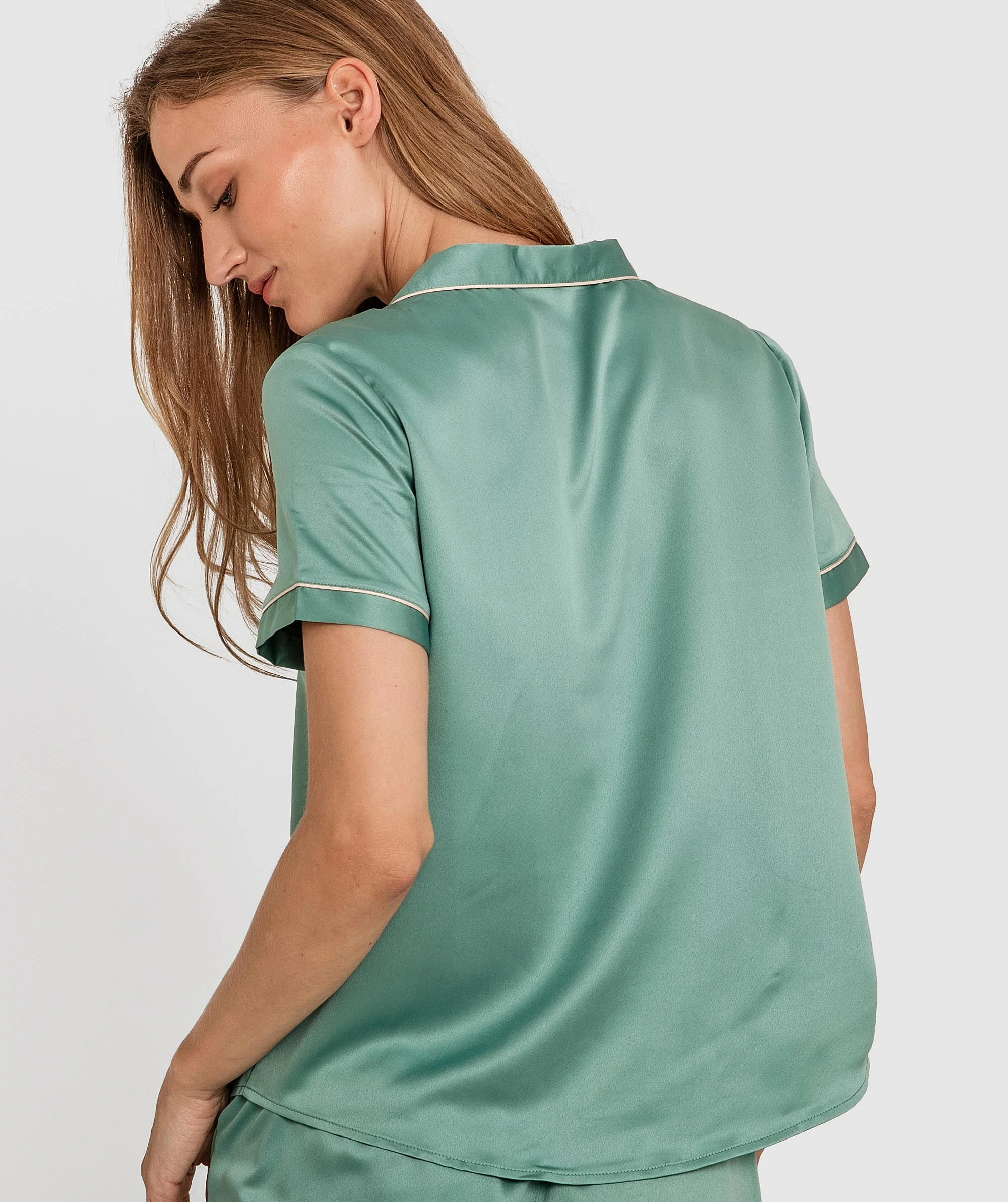 Liquid Satin Short Sleeve Shirt - Green 3 Liquid Satin Short Sleeve Shirt - Green - Image 3