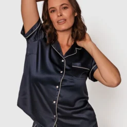 Liquid Satin Short Sleeve Top - Navy