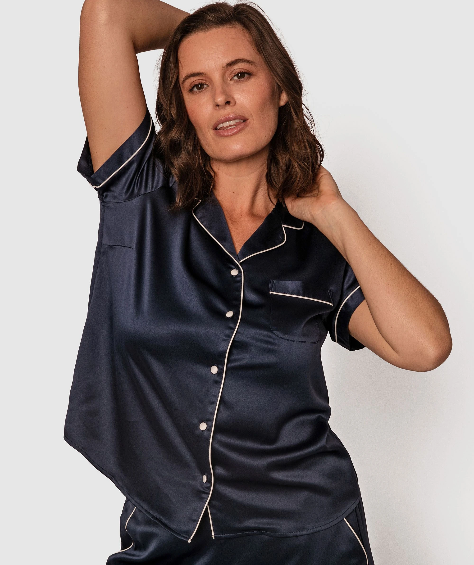 Liquid Satin Short Sleeve Top - Navy 1 Liquid Satin Short Sleeve Top - Navy