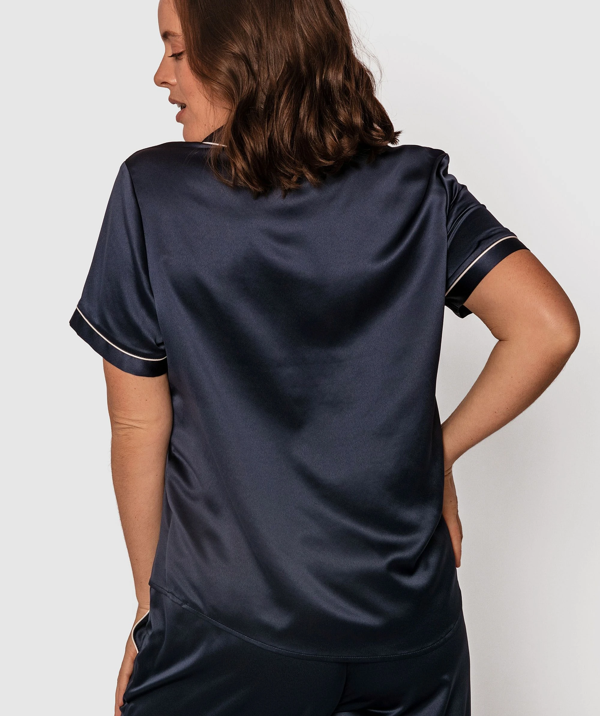 Liquid Satin Short Sleeve Top - Navy 3 Liquid Satin Short Sleeve Top - Navy - Image 3